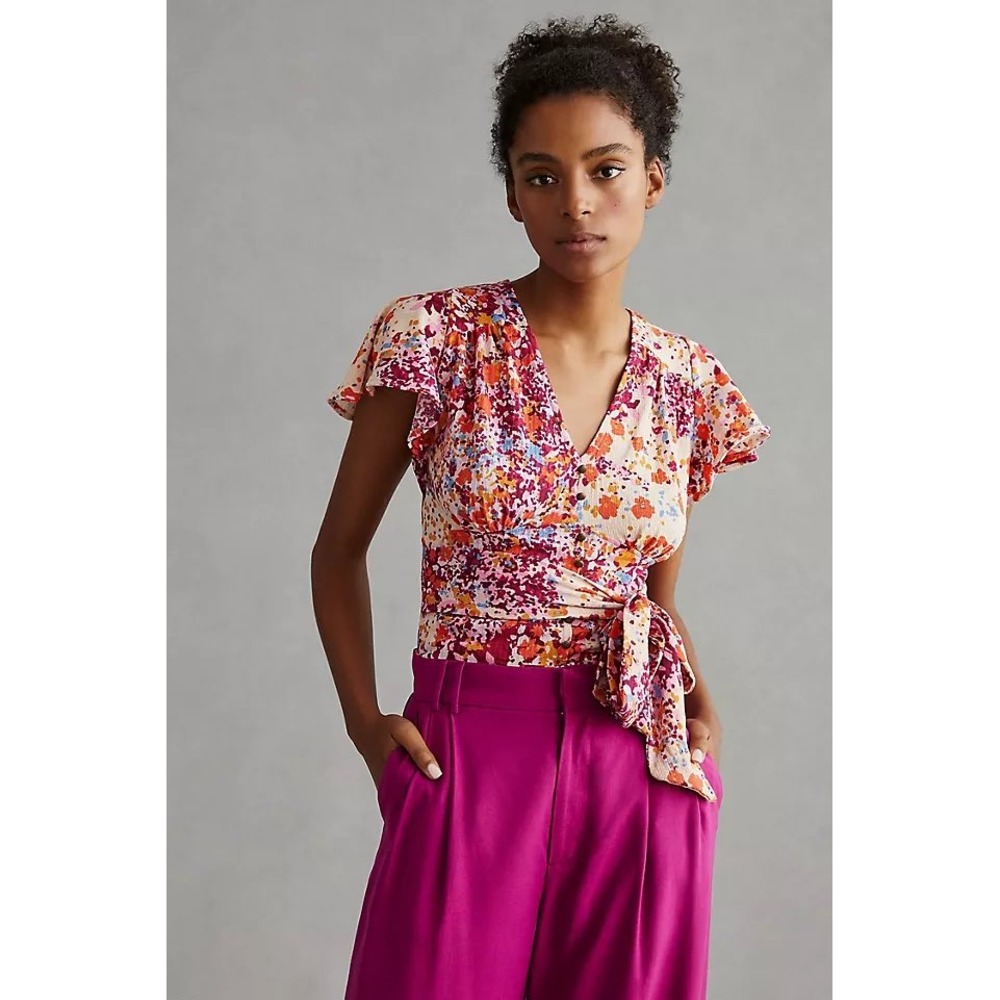 Anthropologie Floral Flutter Sleeve Smocked Tie Back Crop Top Pink Size Medium